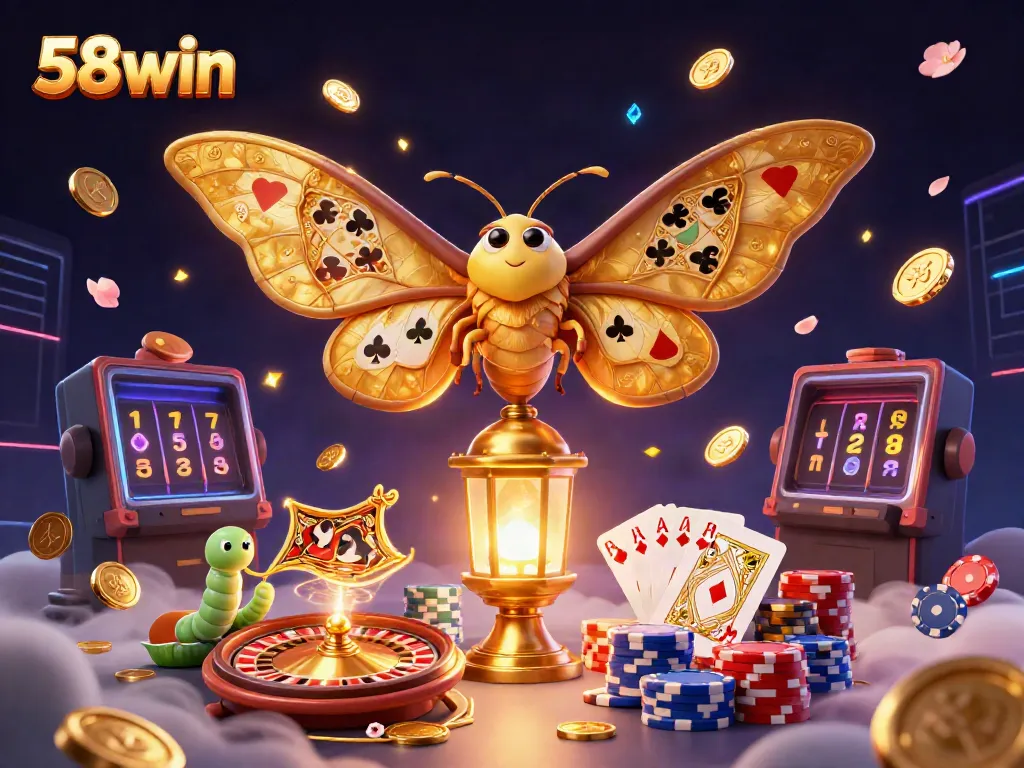 Bet on your luck with 58win, featuring vibrant casino-inspired elements and a captivating moth.