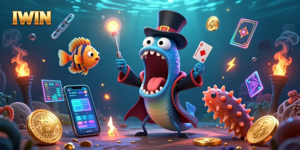 IWIN showcases a magical underwater casino scene with vibrant characters performing tricks
