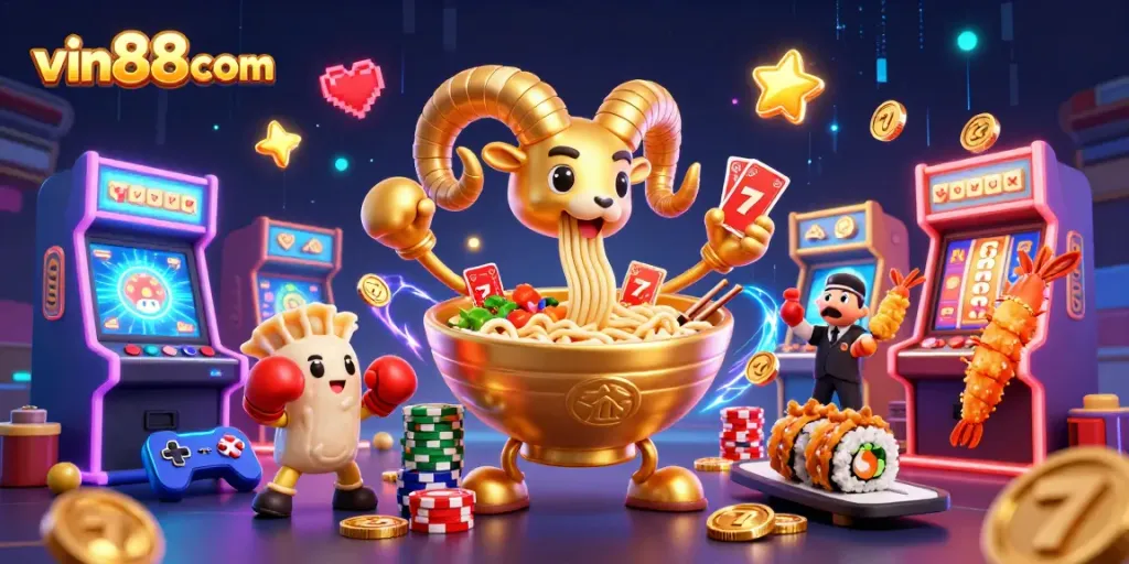 Engage with exciting casino action at vin88com featuring a dynamic scene with cartoon characters and gaming elements.