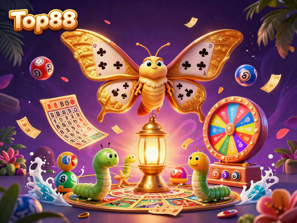 Experience the thrill of Top88 with vibrant casino elements and cartoon characters in a dynamic scene.