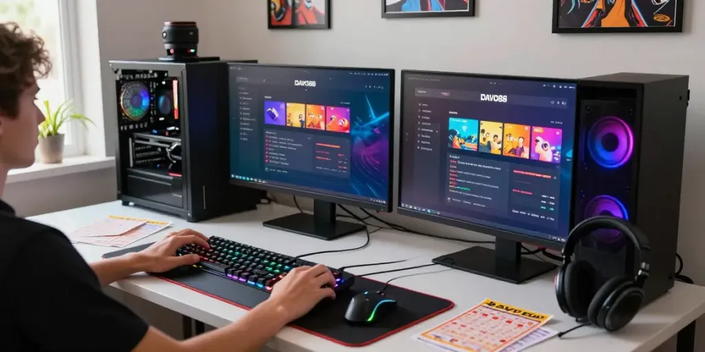 Exciting online gaming experience on the DAVO88 platform, featuring vibrant gaming setup with lottery tickets.