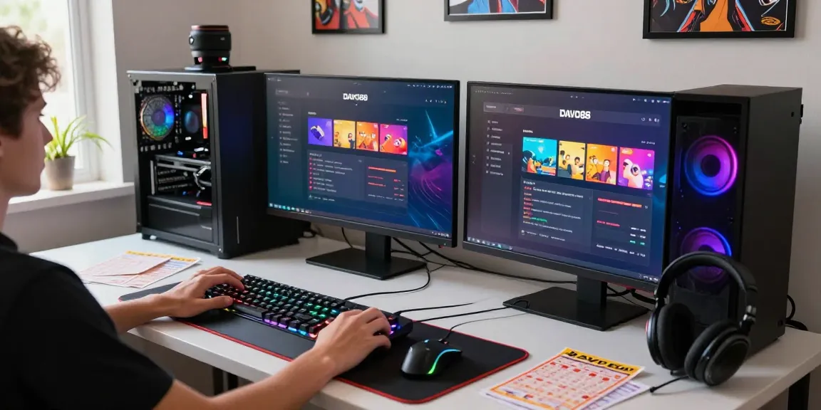 Exciting online gaming experience on the DAVO88 platform, featuring vibrant gaming setup with lottery tickets.