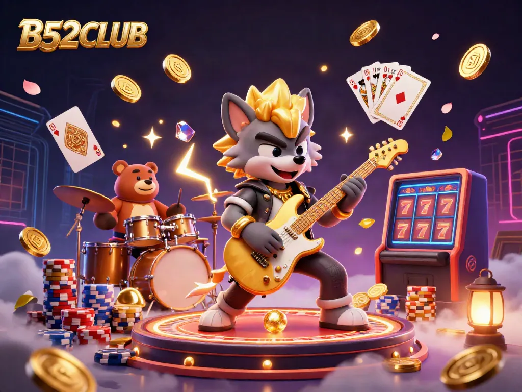 Experience vibrant gaming excitement with B52CLUB featuring a cartoon rock star wolf and drummer bear on a lively casino stage.