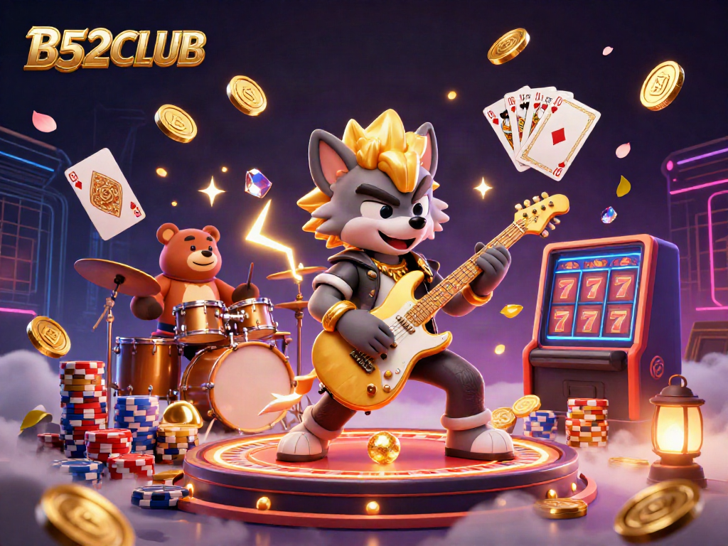Experience vibrant gaming excitement with B52CLUB featuring a cartoon rock star wolf and drummer bear on a lively casino stage.