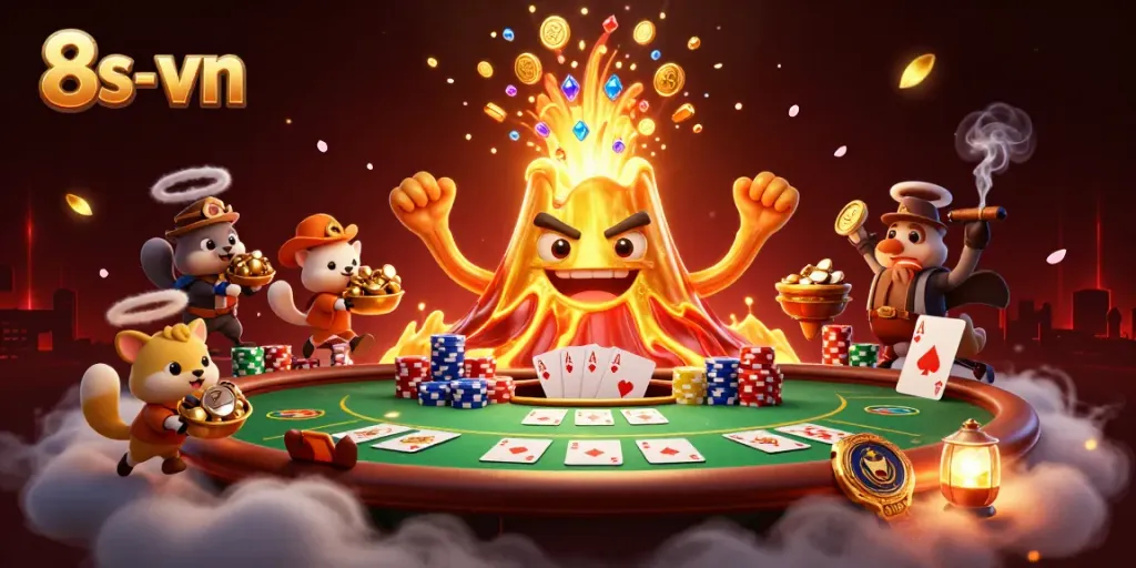 Engage in thrilling play with 8s-vn at a vibrant casino scene featuring gold coins and poker elements.