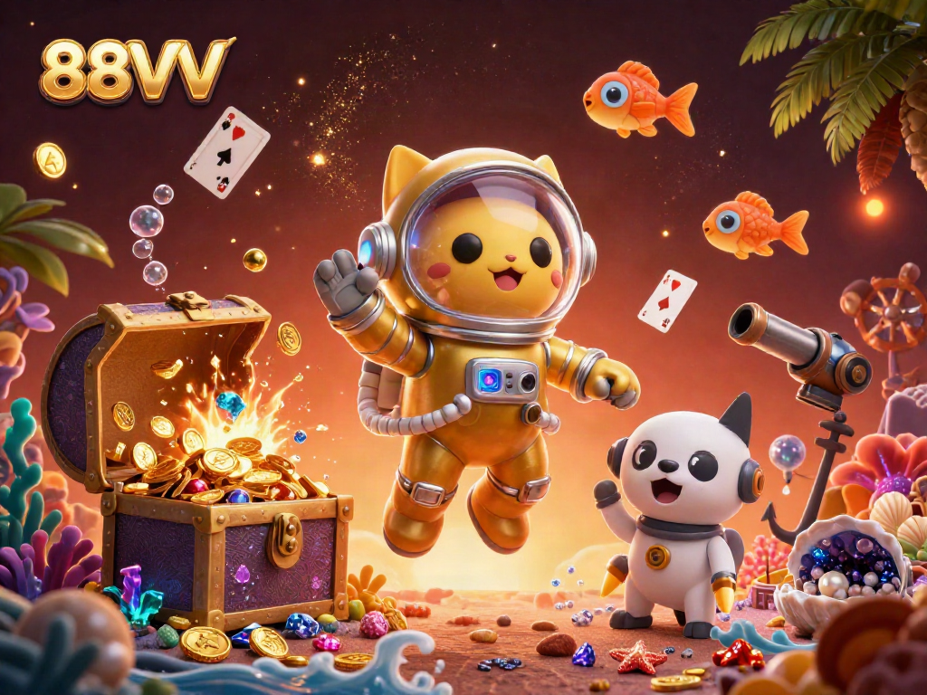 Experience thrilling gaming at 88VV with an astronaut cat floating amidst treasures and vibrant casino elements.