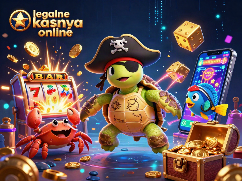 Engage with legalne kasyna online as a pirate turtle navigates a treasure of casino riches.