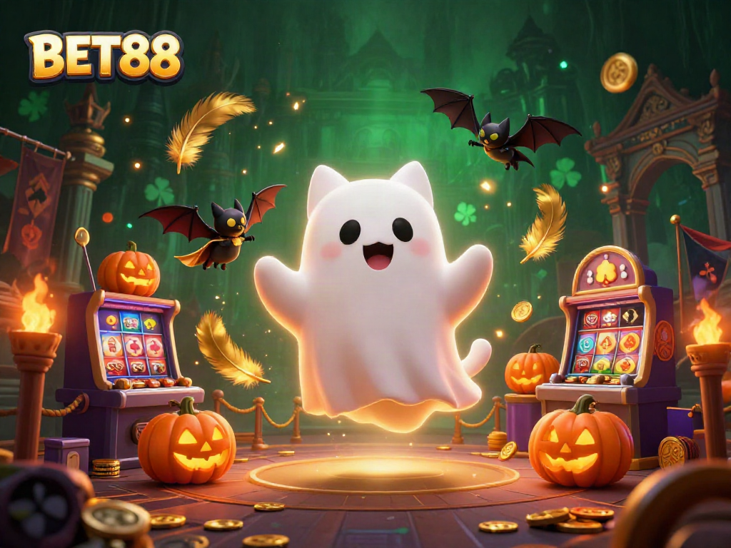 Experience excitement at BET88 with a playful ghost cat in a haunted casino scene.