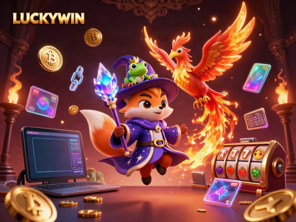 Experience the captivating world of LUCKYWIN with a mystical wizard fox and magical elements in a thrilling casino setting.