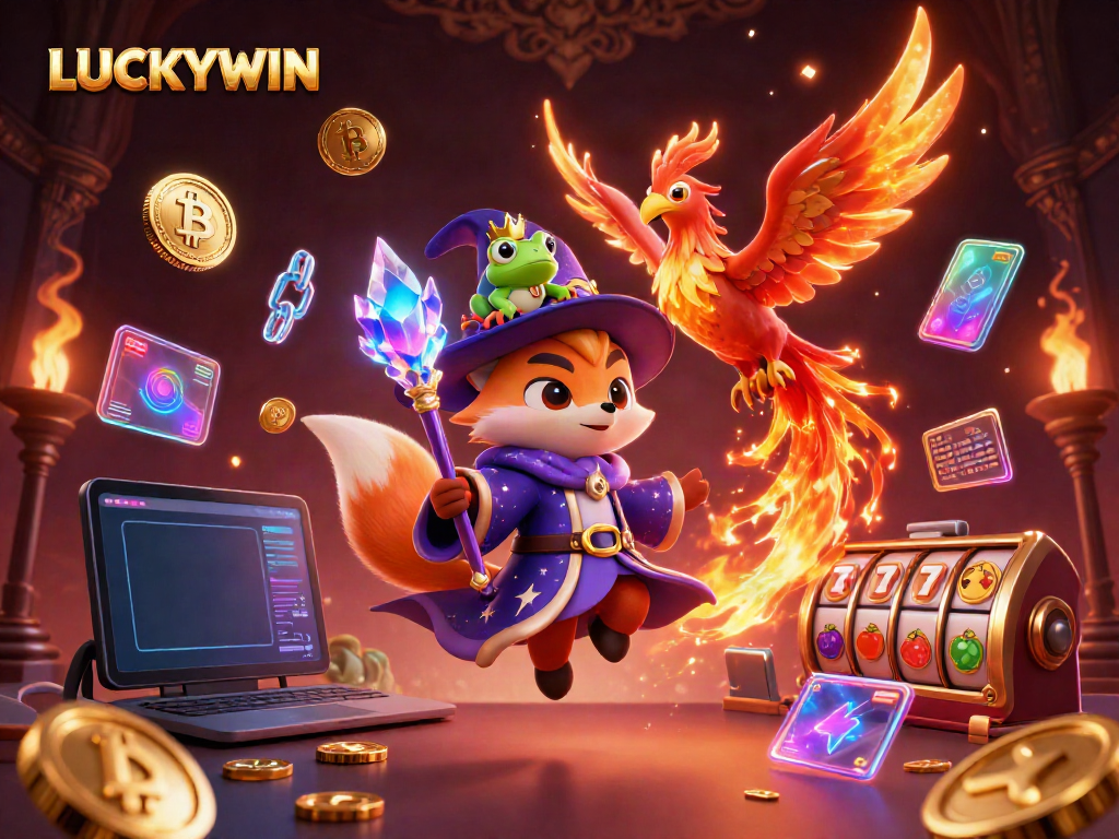 Experience the captivating world of LUCKYWIN with a mystical wizard fox and magical elements in a thrilling casino setting.
