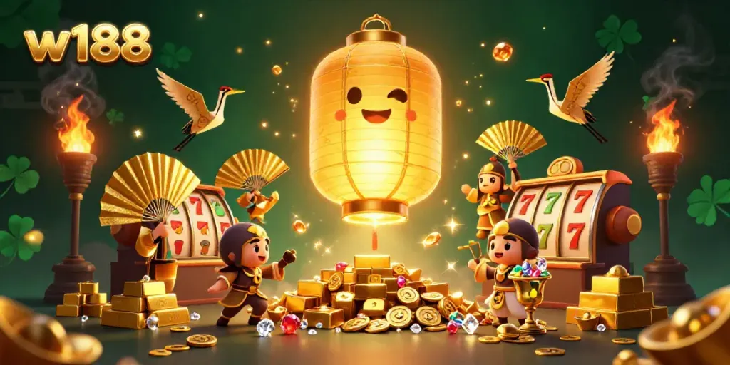 Experience thrilling wins at w188 with a vibrant casino atmosphere featuring golden lanterns and dynamic game action.