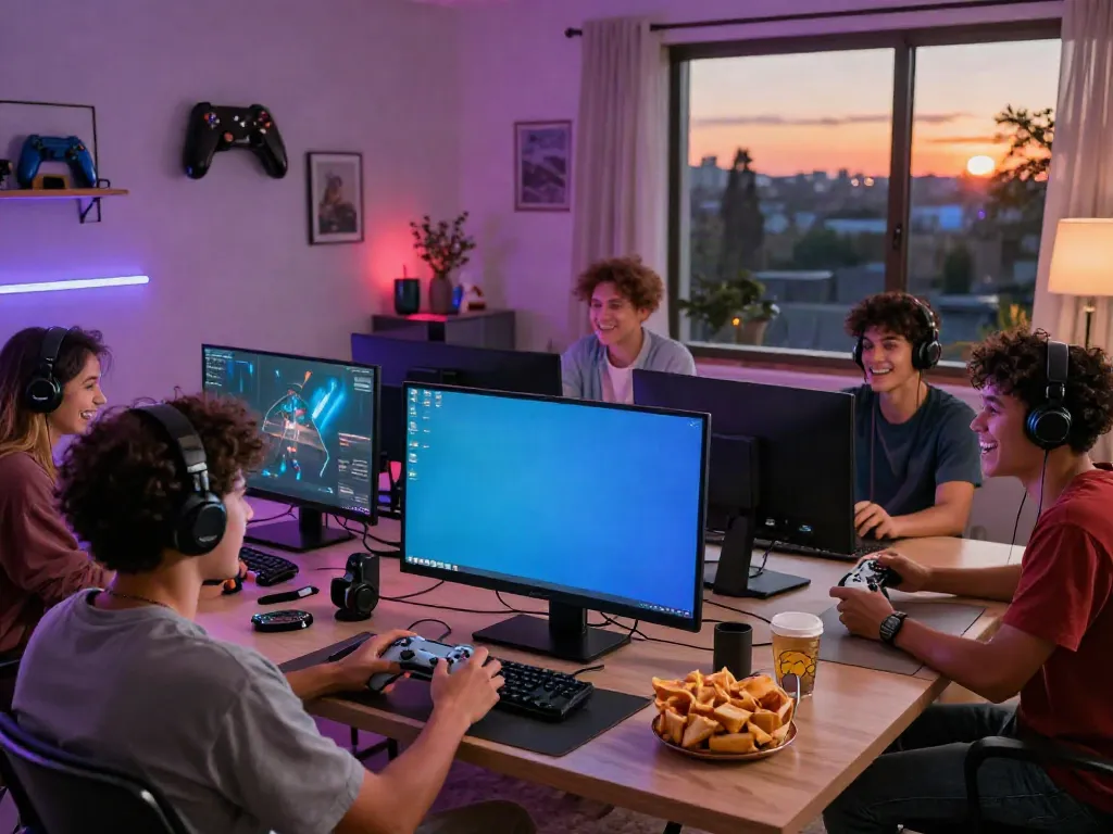 Group of friends enjoying multiplayer gaming together on a large screen, embodying the kilat404 community spirit.