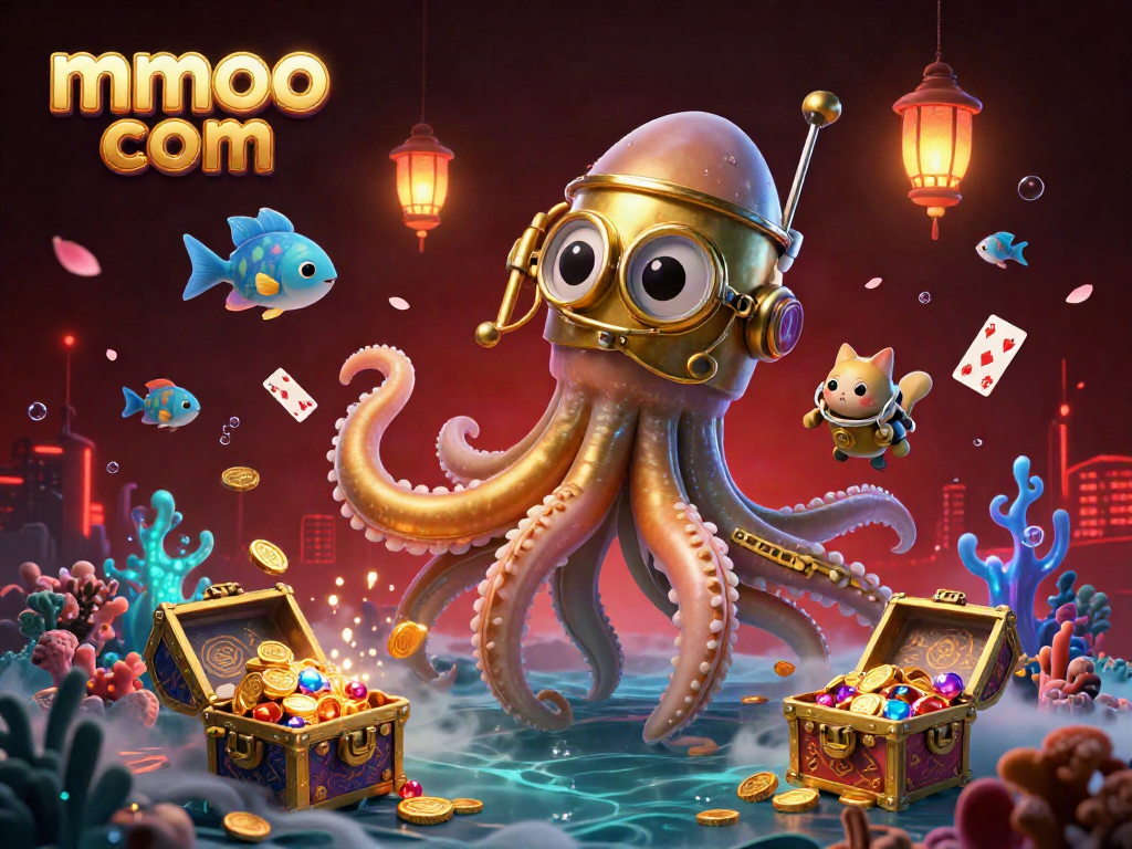 Engage with the vibrant mmoo com gambling scene featuring a colossal kraken and sparkling treasure.