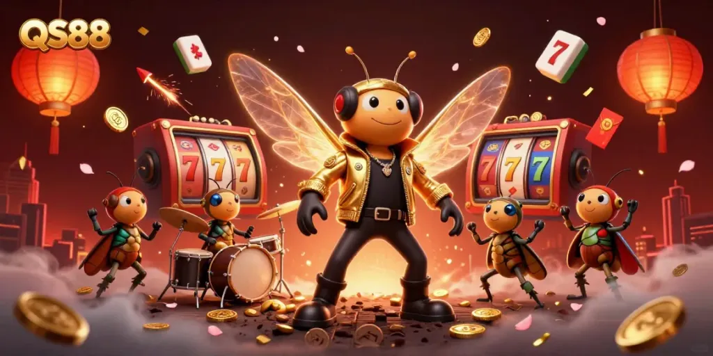 Engage with QS88's casino experience featuring vibrant characters, spinning slots, and festive decorations