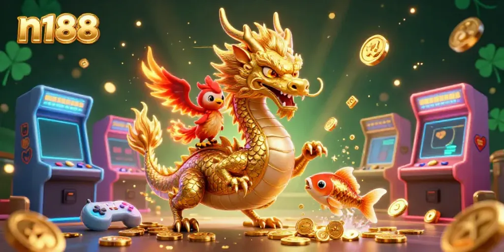 Engage in thrilling n188 gaming with vibrant dragons, phoenixes, and coins in 3D fantasy style.