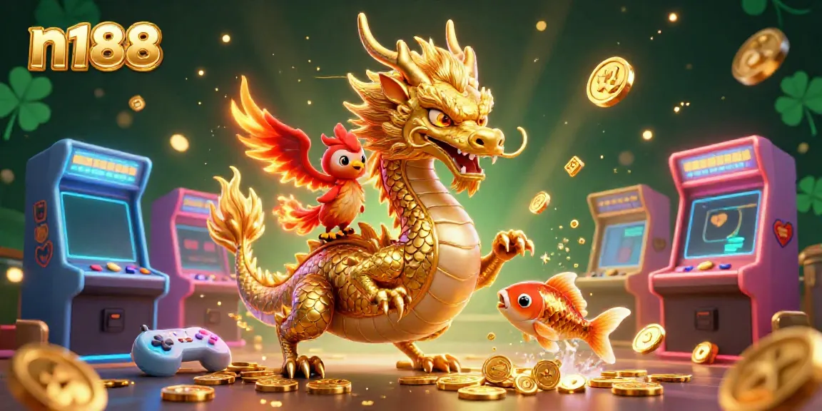 Engage in thrilling n188 gaming with vibrant dragons, phoenixes, and coins in 3D fantasy style.