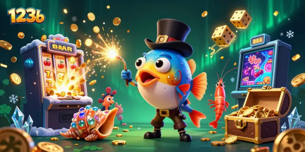 Immerse in the thrilling world of 123b, where a deep-sea anglerfish entices golden coins while surrounded by vibrant casino imagery.