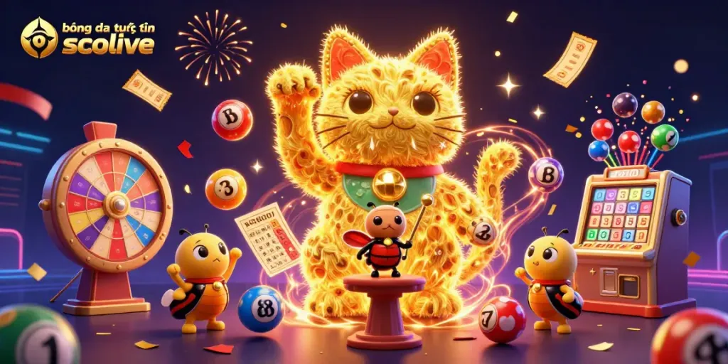 Experience the thrill of bóng đá trực tuyến socolive with a vibrant display of casino elements and animated characters.