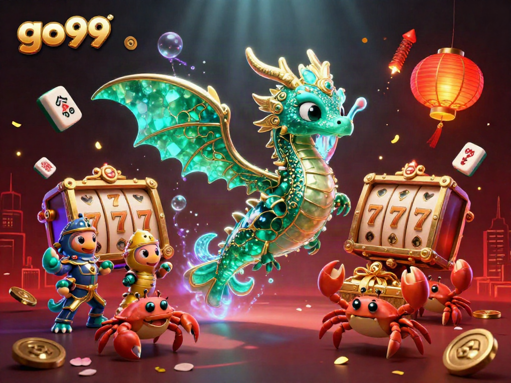 Experience the thrill of go99 with an extravagant casino scene featuring a dragon, seahorse guards, and vibrant game elements.