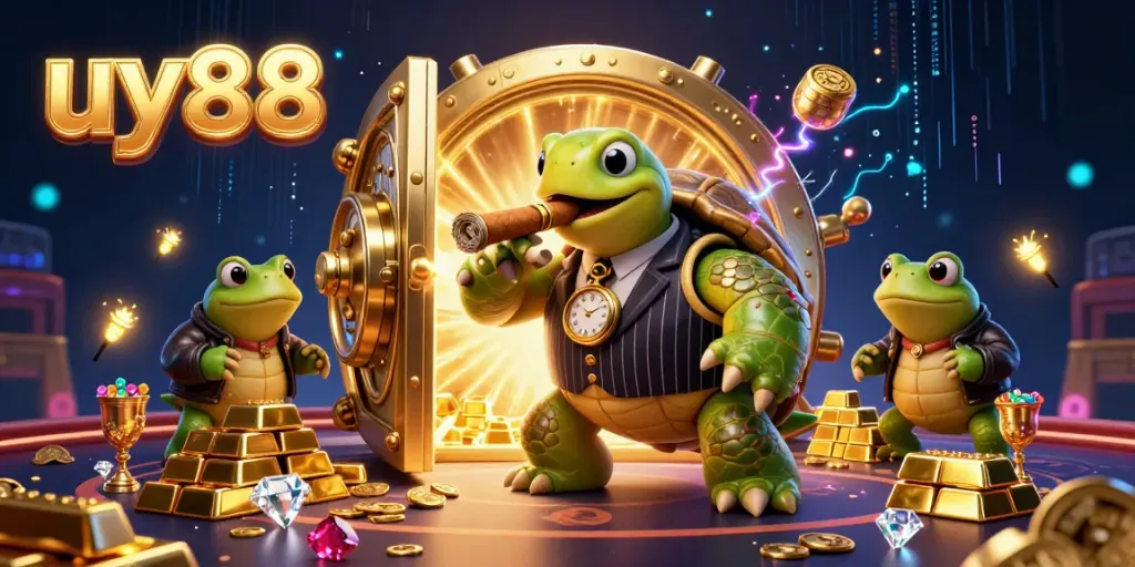 Experience uy88's thrilling casino scene with a cartoon turtle in a mobster suit amidst golden treasures.