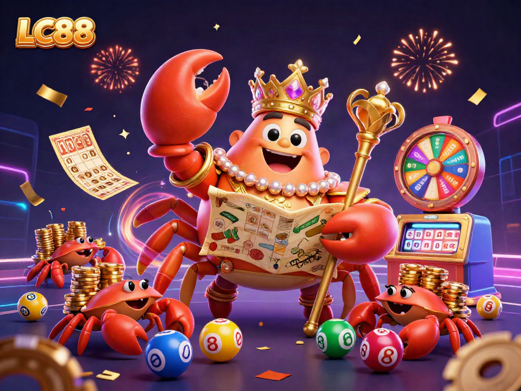 Experience the excitement of LC88’s vibrant online casino with a golden crab emperor and treasure elements.