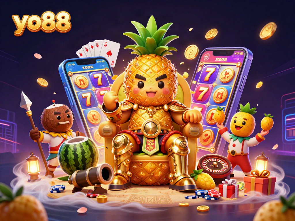 Engage with yo88's thrilling slot games as golden coins erupt from a smartphone amidst a vibrant casino scene.
