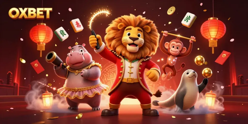 Experience OXBET's vibrant casino scene featuring a lively lion, hippo, monkey, and seal amidst celebratory elements.