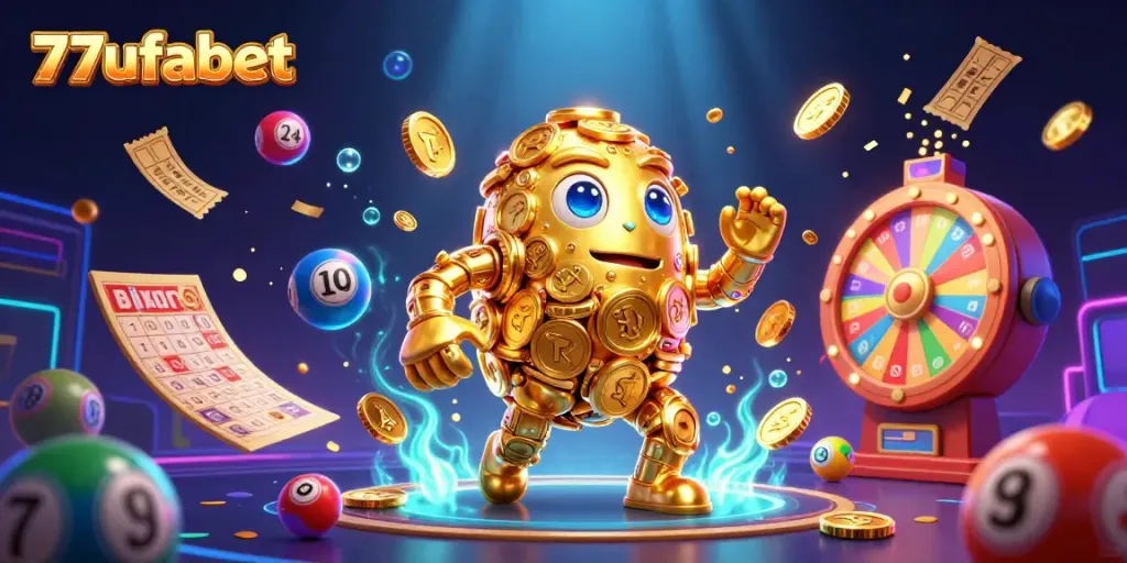 Engage with the vibrant world of 77ufabet, featuring a golden golem amidst dynamic lottery elements.