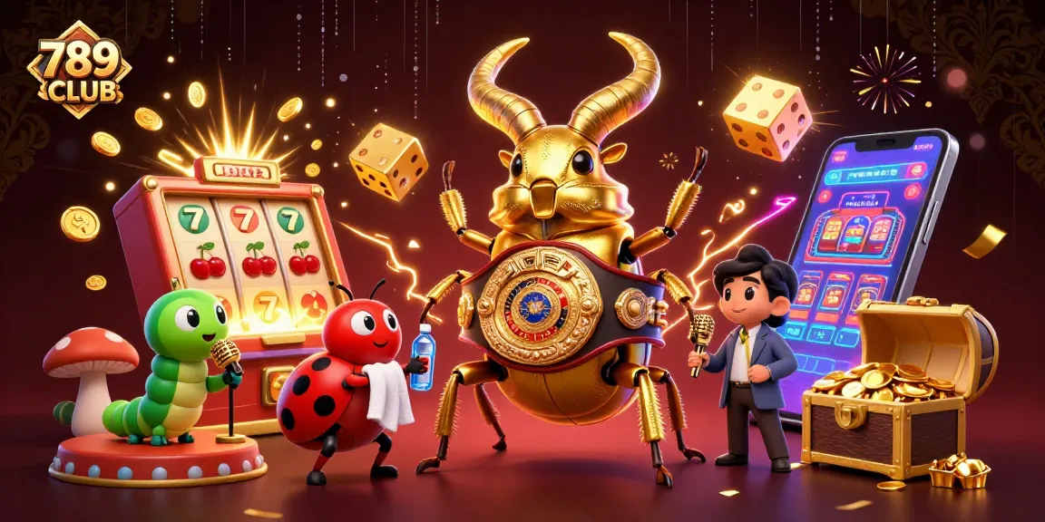 789CLUB showcases a thrilling scene with a glowing stag beetle mascot facing off amidst bursting jackpots and vibrant casino symbols.