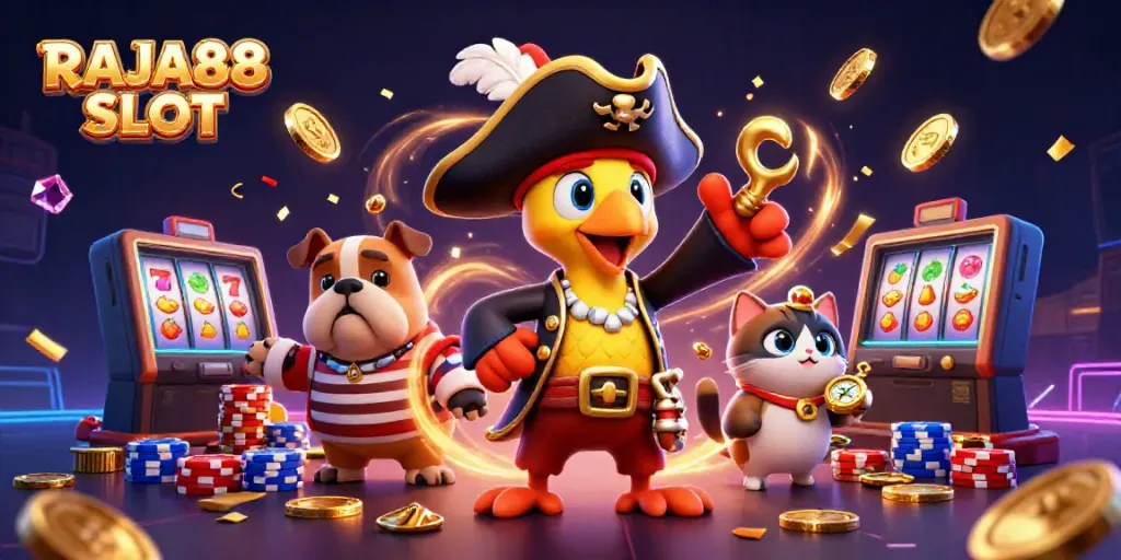 Experience the excitement of RAJA88 SLOT with colorful characters and casino elements.