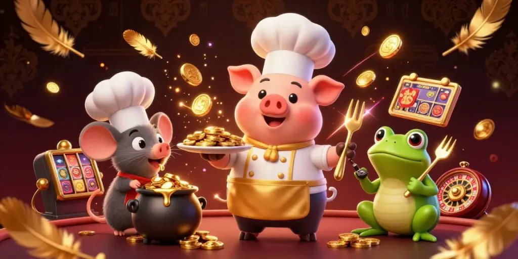 Engage with AE888's vibrant casino games, featuring a cartoon chef pig amidst gold coins.