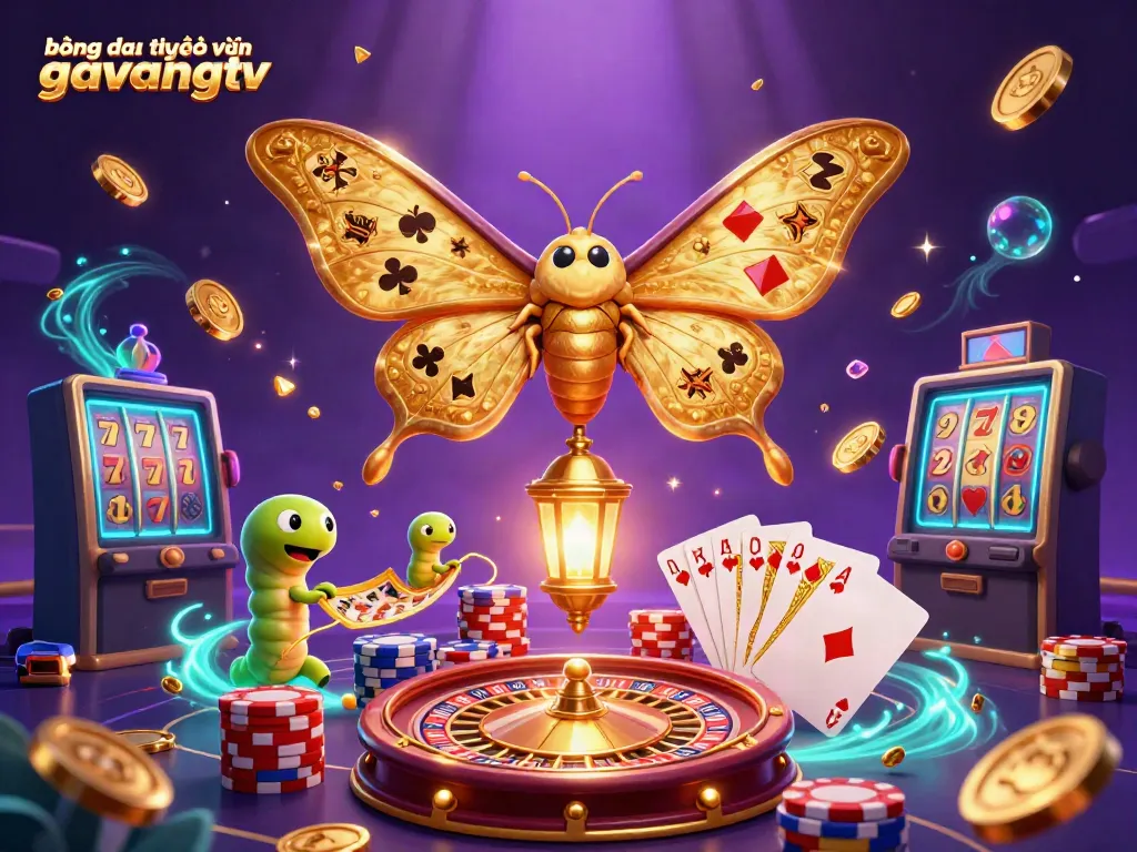 Experience bóng đá trực tuyến gavangtv with an enchanting 3D illustration of a golden moth and vibrant casino elements.
