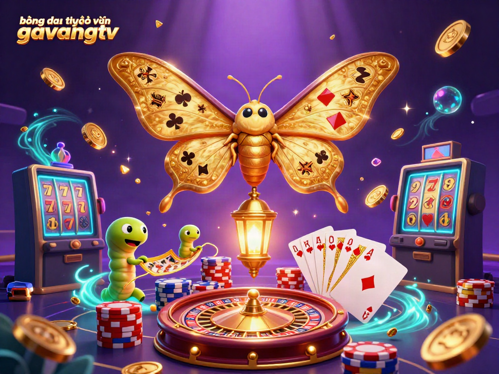 Experience bóng đá trực tuyến gavangtv with an enchanting 3D illustration of a golden moth and vibrant casino elements.