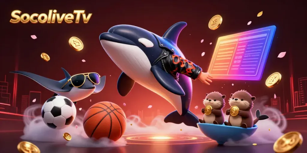 SocoliveTv showcases an exciting sports betting scene with animated characters celebrating big wins in a vibrant casino backdrop.