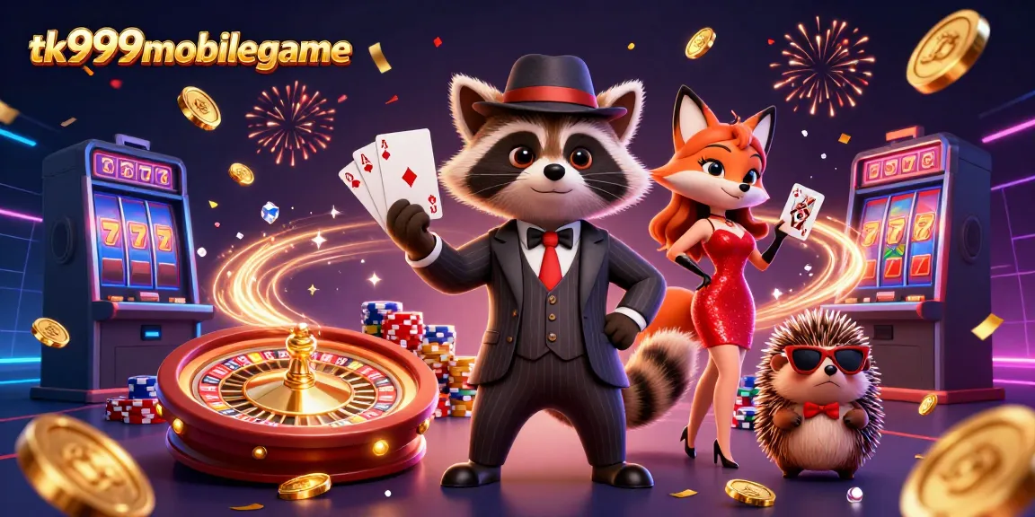 Experience gaming excitement with tk999mobilegame's lively casino illustration featuring vibrant characters and elements.