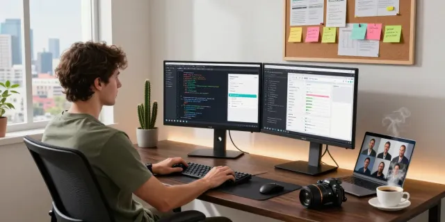 Software engineer collaborating remotely using pecah404 tools in a modern workspace with dual monitors and natural light.