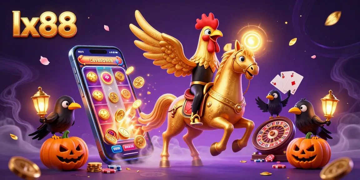Experience the lx88 animated adventure at the casino, showcasing a golden rooster amidst thrilling gaming elements.