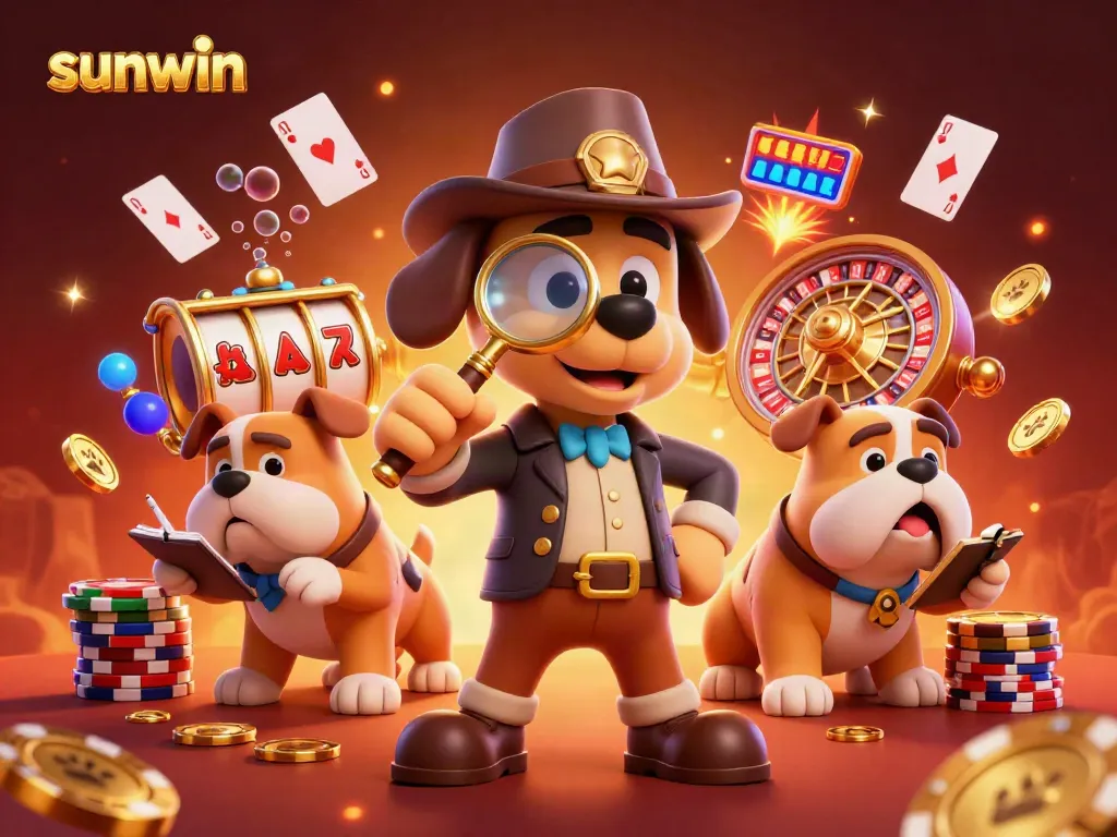 Engaging illustration of the sunwin detective bloodhound exploring casino clues amidst vibrant gaming symbols and shining poker chips.