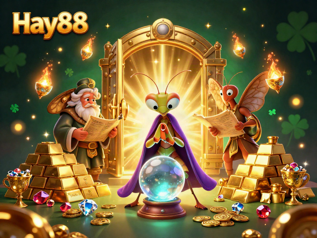 Hay88 offers exciting casino experiences with a vibrant 3D scene featuring mystical characters, gems, and treasure.