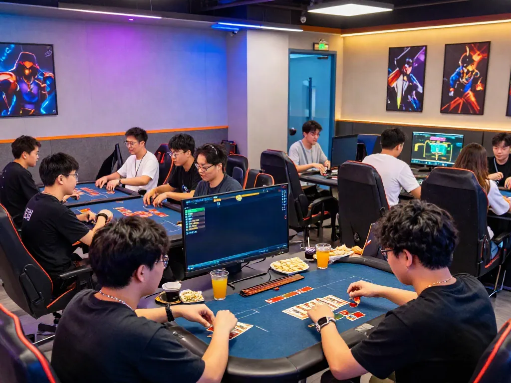 Sunwin gaming lounge with players enjoying card games in vibrant atmosphere