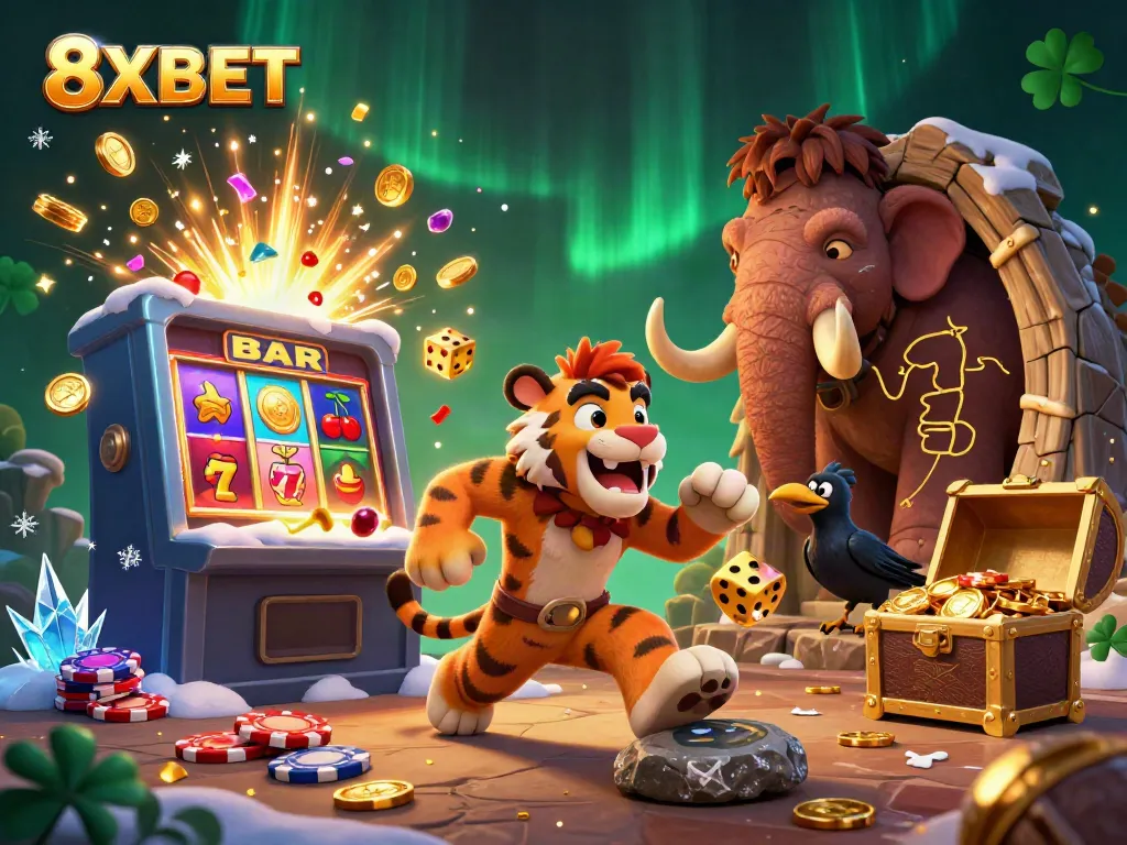 Experience the thrilling 8XBET casino adventure with a dynamic prehistoric scene filled with exciting game elements.