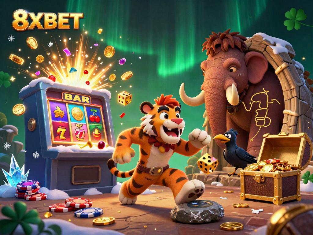 Experience the thrilling 8XBET casino adventure with a dynamic prehistoric scene filled with exciting game elements.