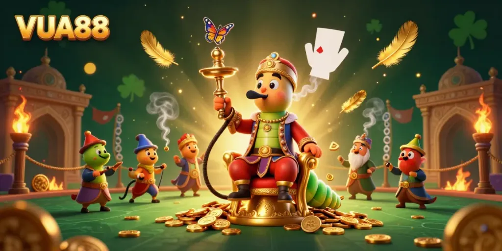 Experience the vibrant world of VUA88 with a whimsical casino-themed 3D illustration showcasing unique characters and exciting elements.