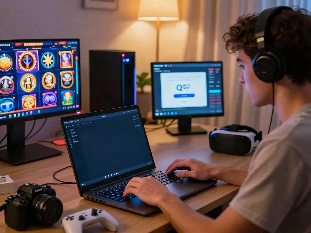 User enjoying thrilling slot game online with vibrant screen lights and modern gaming setup in living room, server Thailand
