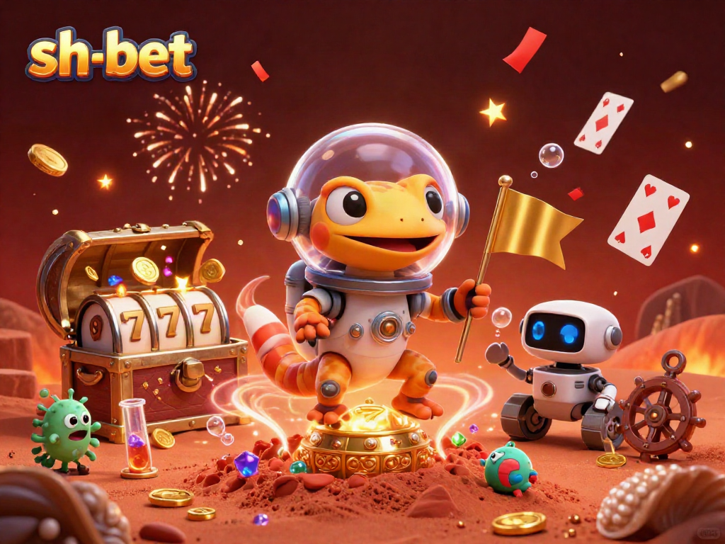 Experience the thrill at sh-bet with a Martian gecko discovering a golden casino among vibrant treasures.