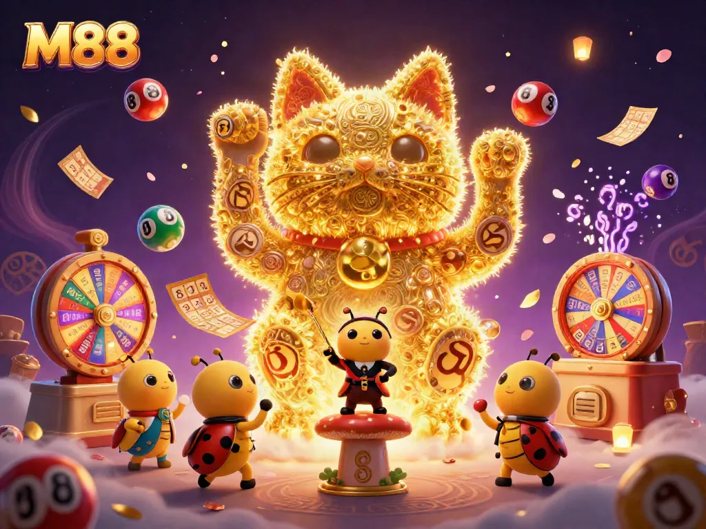 M88 showcases a vibrant scene of a golden lucky cat made of fireflies amidst animated lottery elements, enhancing excitement.
