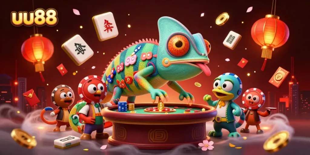 Experience the vibrant gaming world of uu88 with a chameleon casino owner mesmerizing players in a bustling scene.