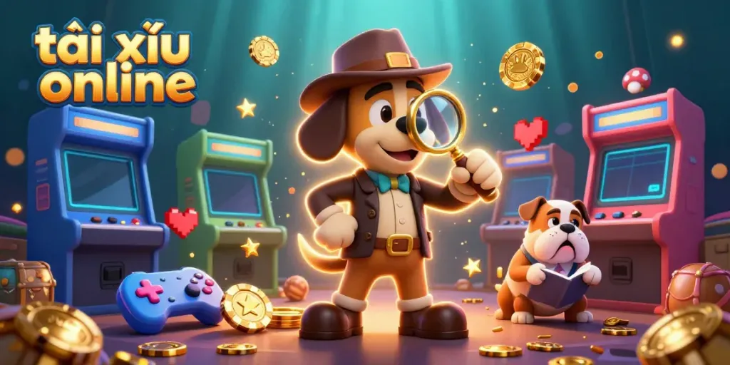 Tài xỉu online scene with a cartoon detective and his dog exploring a treasure map in a vibrant casino setting.