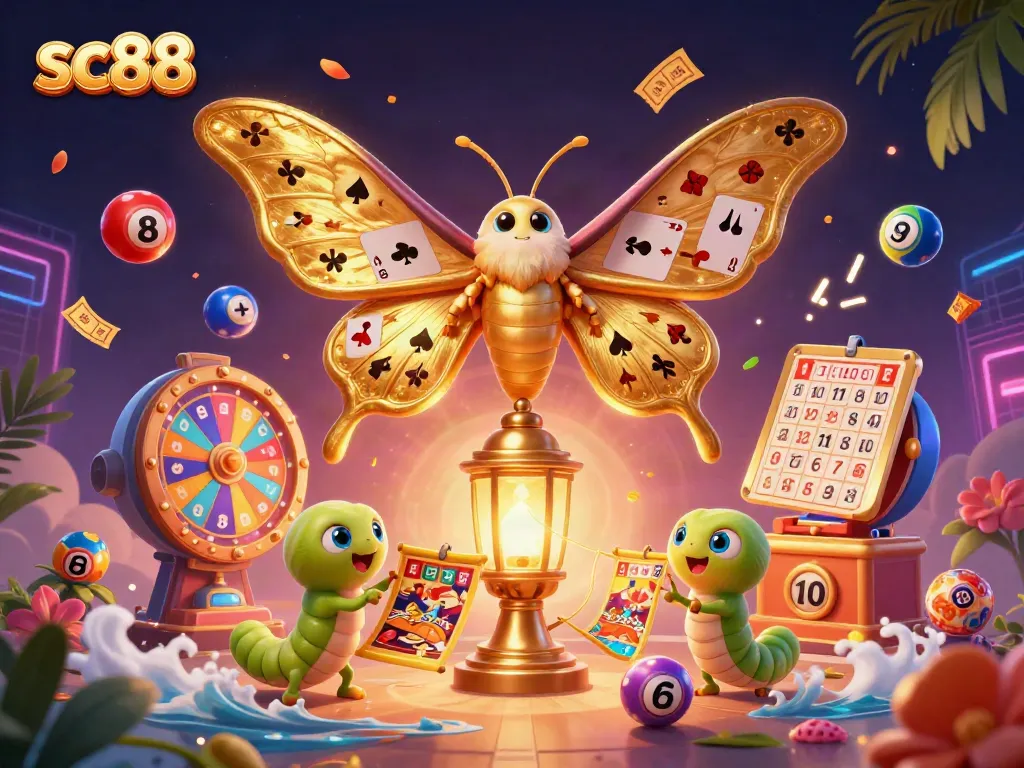 Experience casino thrills with sc88, a vibrant scene of a golden moth amidst colorful games.