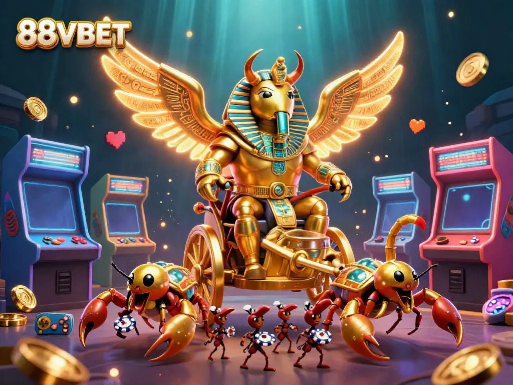 Experience the excitement of 88VBET with this vibrant 3D illustration of a golden scarab beetle and gaming elements.